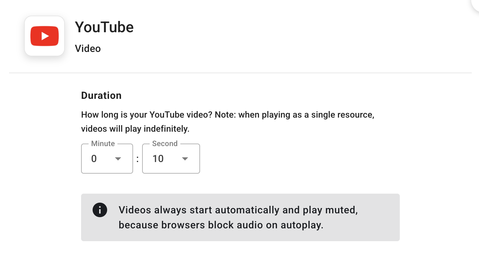 YouTube video settings showing duration and autoplay information for video playback.